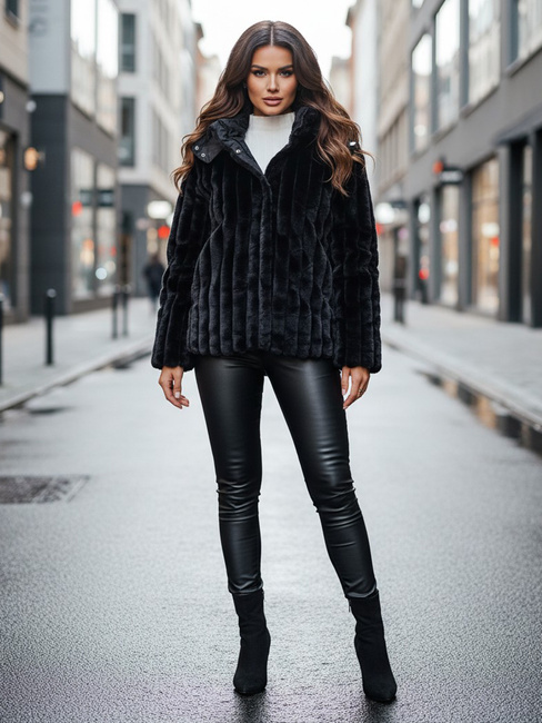 Ženska krznena jakna s kapuco črna Dstreet TY5276z