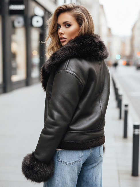 Ženska usnjena jakna z umetnim krznom črna Dstreet TY5244z