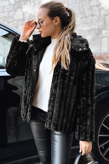 Ženska krznena jakna s kapuco črna Dstreet TY5276