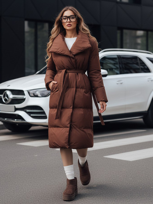 Ženski dolgi prešiti plašč FAVI rjave barve Dstreet TY4962