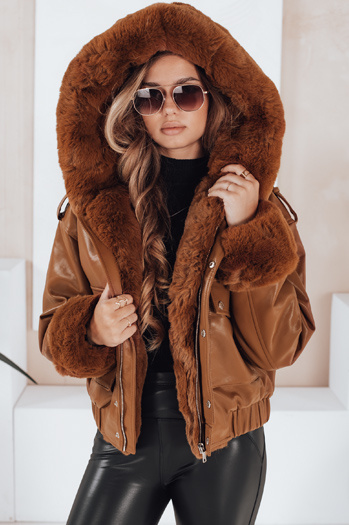 Ženska usnjena jakna s krznom rjave barve Dstreet TY5129
