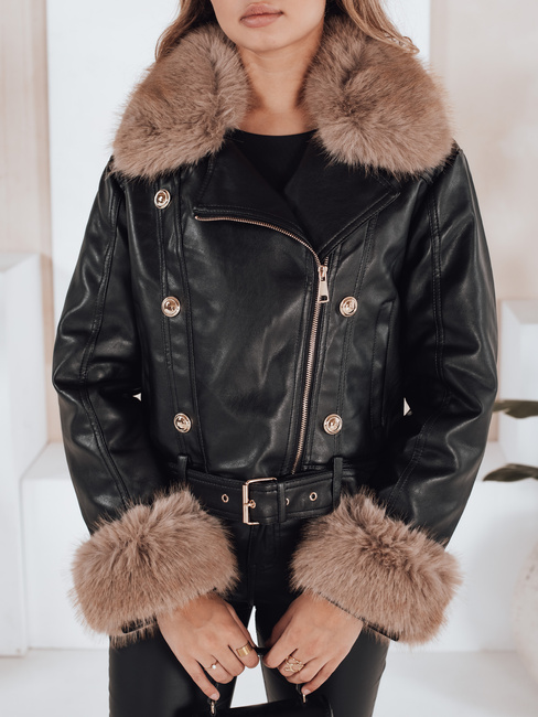 Ženska zimska usnjena jakna z umetnim krznom črna Dstreet TY5210