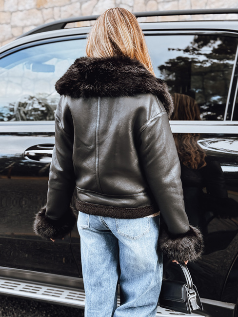 Ženska usnjena jakna z umetnim krznom črna Dstreet TY5244
