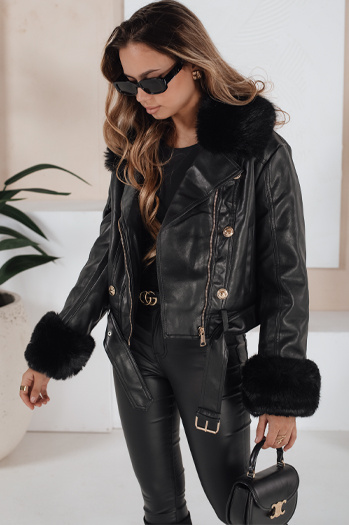 Ženska zimska usnjena jakna z umetnim krznom črna Dstreet TY5209