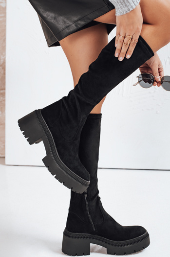 Ženski semiš škornji z debelim podplatom črni Dstreet ZY1210