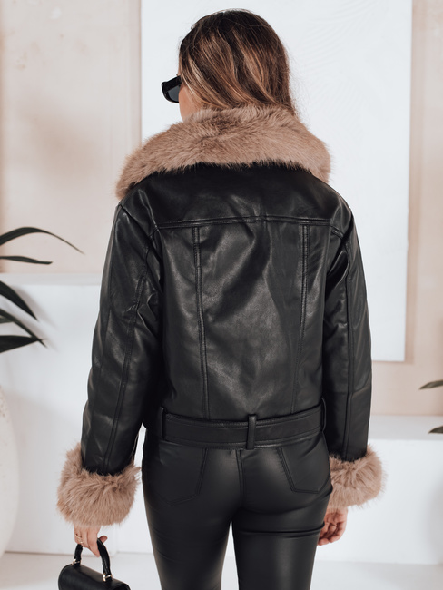 Ženska zimska usnjena jakna z umetnim krznom črna Dstreet TY5210