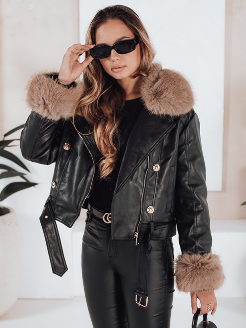 Ženska zimska usnjena jakna z umetnim krznom črna Dstreet TY5210
