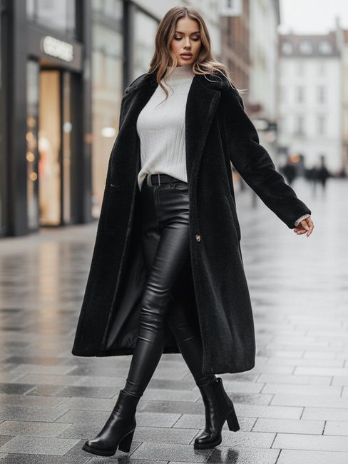 Ženski zimski plašč teddy krzno dolg črn Dstreet NY0760z