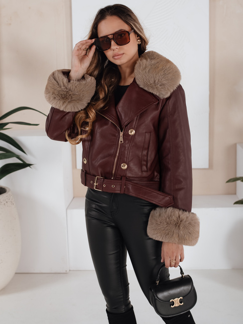 Ženska zimska usnjena jakna s krznom bordo Dstreet TY5208