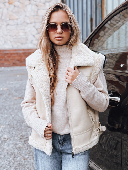 Ženski usnjeni telovnik z ovčjo kožo bež barve Dstreet TY5238