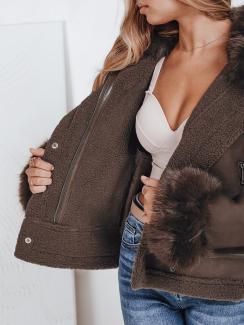 Ženska usnjena jakna s krznom rjave barve Dstreet TY5243