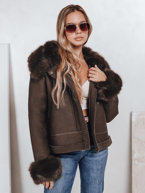 Ženska usnjena jakna s krznom rjave barve Dstreet TY5243