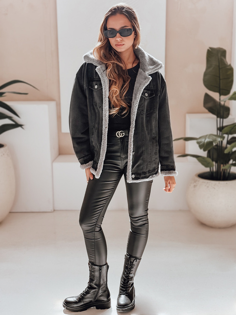 Ženska zimska jakna iz džinsa z ovčjo kožo sive barve Dstreet TY5173