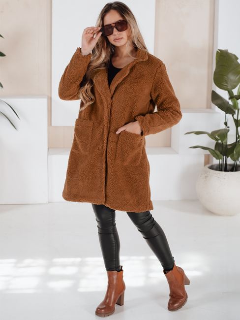 Ženski zimski plašč teddy krzno rjave barve Dstreet NY0752