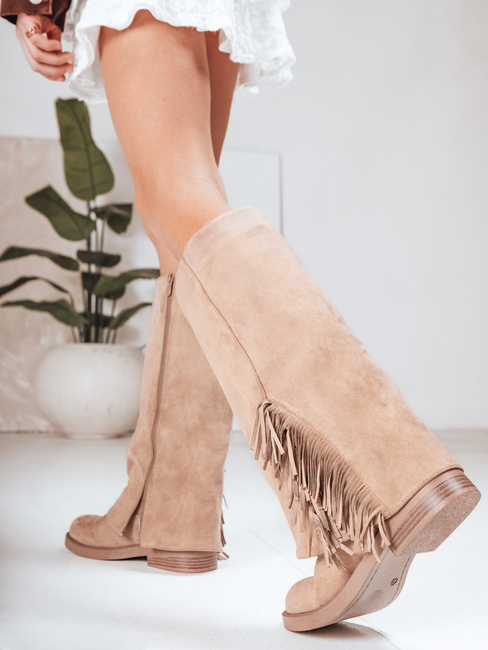 Ženski škornji iz semiša, razprti, bež barve Dstreet ZY1269