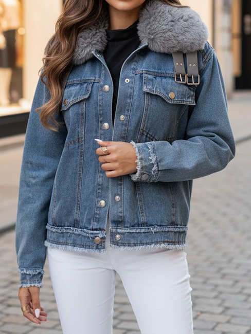 Ženska jeans jakna FURDENIM s krznom svetlo modra Dstreet TY4755z