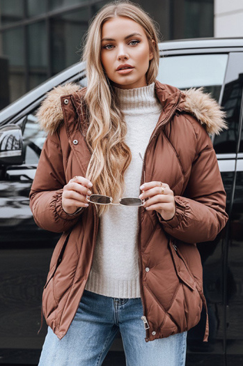 Ženska zimska prešita jakna s kapuco rjave barve Dstreet TY5231