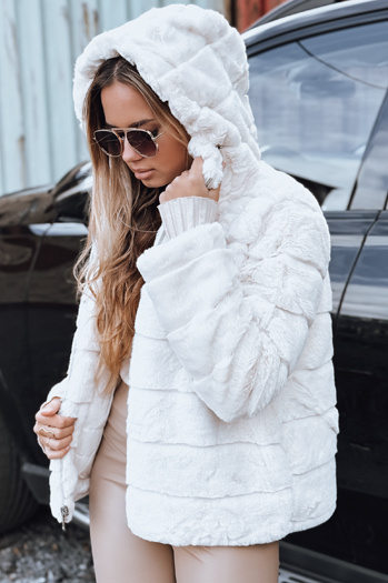 Ženska obojestranska krznena jakna s kapuco svetlo bež Dstreet TY5273