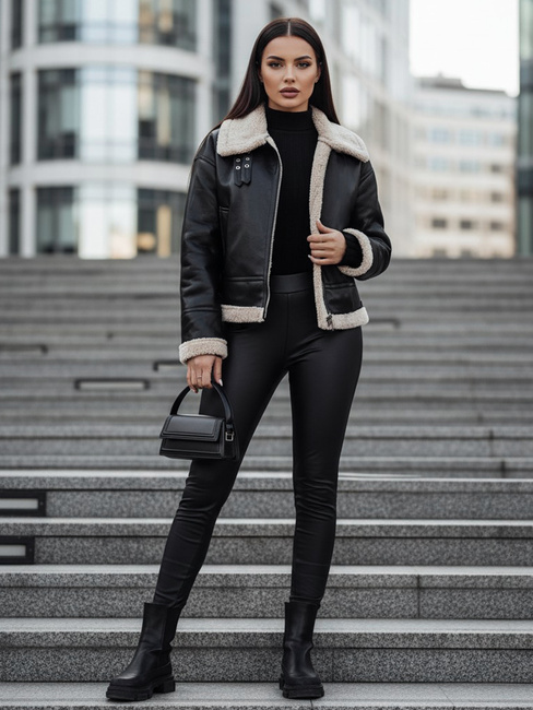 Ženska usnjena jakna SHEREB z ovčjo kožo črna Dstreet TY4756z