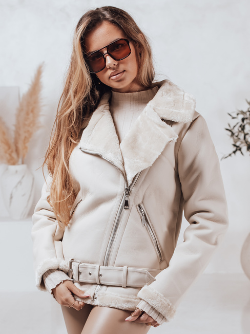 Ženska usnjena jakna NORFDIMA z ovčjo kožo bela Dstreet TY4735