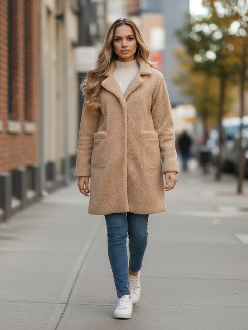 Ženski zimski plašč Teddy krzno beige Dstreet NY0757z