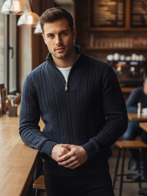 Moški pulover s stoječim ovratnikom mornarsko modra Dstreet WX2326