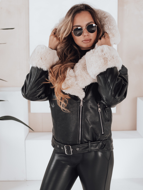 Ženska zimska jakna iz usnja ramoneskin s krznom črna Dstreet TY5118