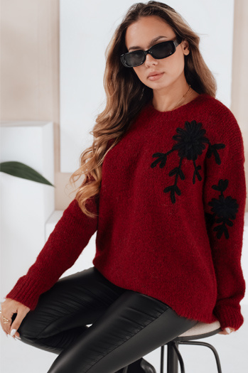 Ženski pulover s cvetlično aplikacijo GIRLHERBAL bordo Dstreet MY2549