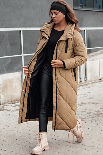 Ženska zimska dolga prešita jakna s kapuco STREETFIT beige Dstreet TY4600