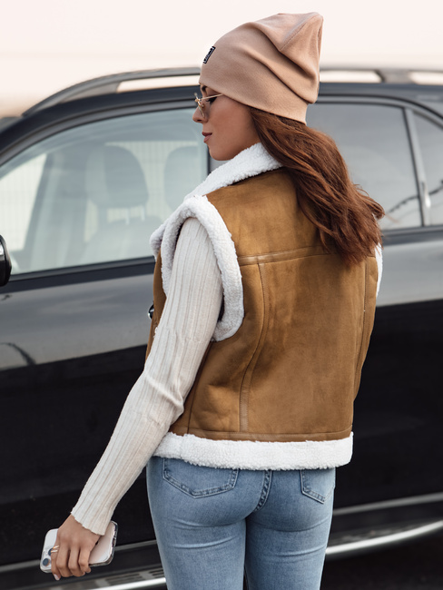 Ženski telovnik iz semiša z ovčjo kožo WOOLZIP camel Dstreet TY4741