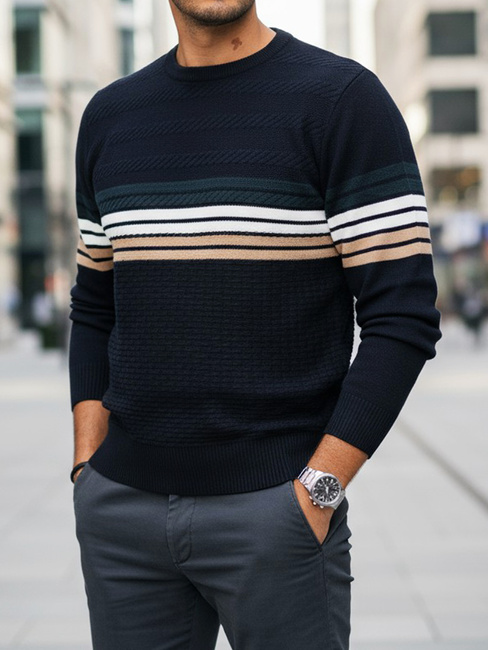 Moški črtasti pulover v mornarsko modri barvi Dstreet WX2323