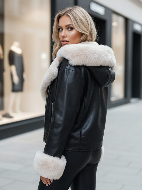 Ženska zimska jakna iz usnja ramoneskin s krznom črna Dstreet TY5118z