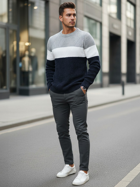 Moški pulover z okroglim vratnim izrezom sive barve mornarsko modre barve Dstreet WX2320