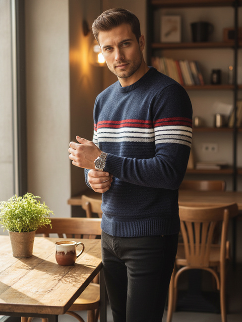 Moški črtast pulover v mornarsko modri barvi Dstreet WX2281