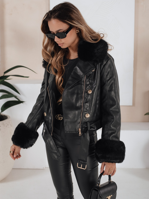 Ženska zimska usnjena jakna z umetnim krznom črna Dstreet TY5209