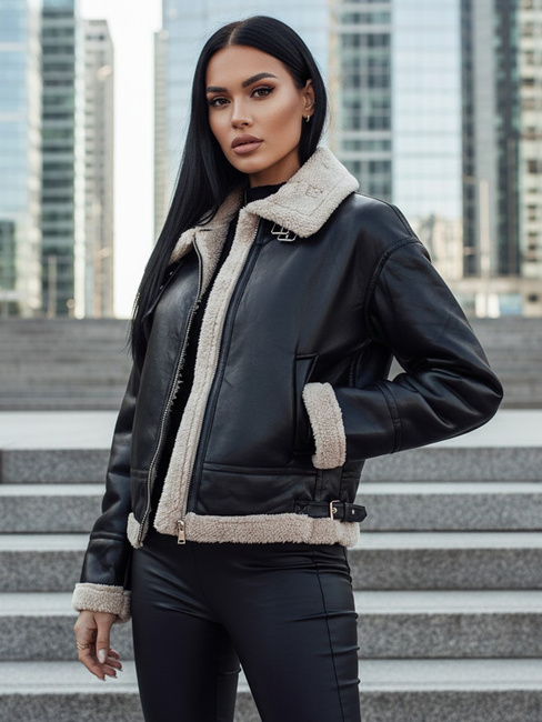 Ženska usnjena jakna SHEREB z ovčjo kožo črna Dstreet TY4756z