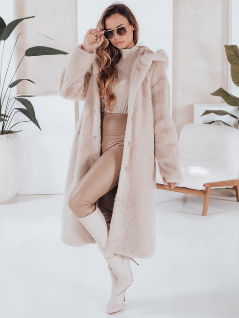 Ženski krznen plašč HELLOCHIC long beige Dstreet TY4987