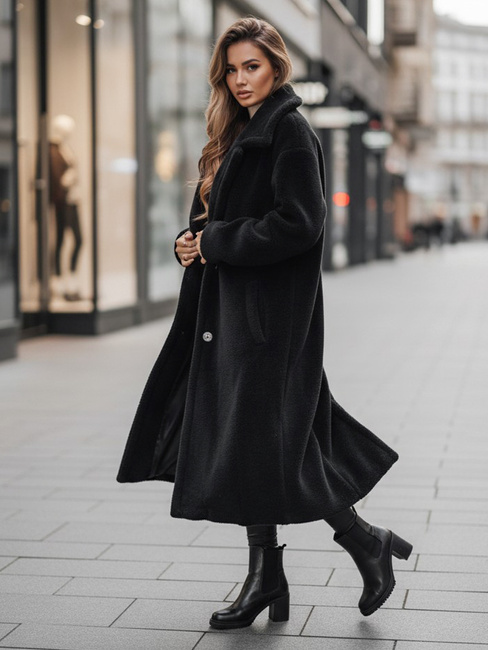 Ženski zimski plašč teddy krzno dolg črn Dstreet NY0760z