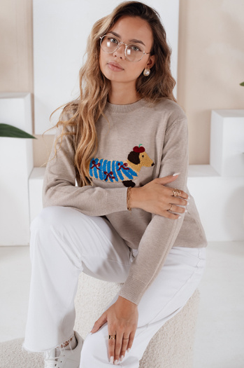 Ženski pulover CHICPAWS s pasjo aplikacijo v bež barvi Dstreet MY2543