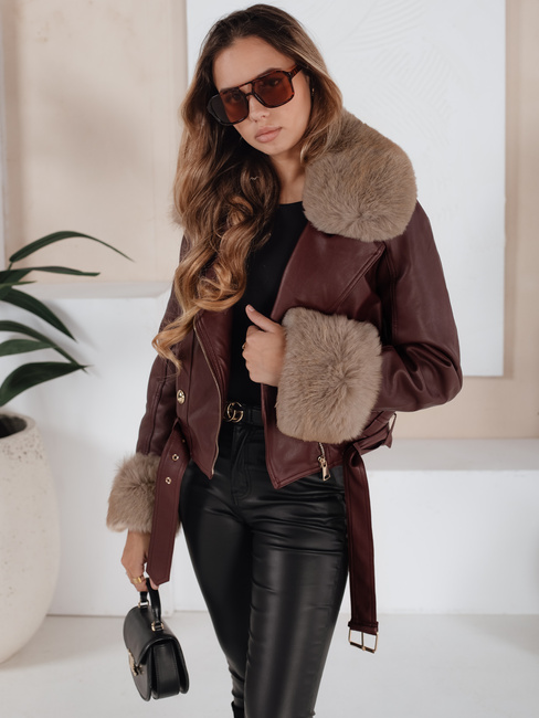 Ženska zimska usnjena jakna s krznom bordo Dstreet TY5208