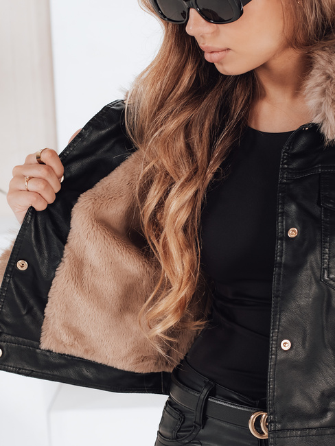 Ženska zimska usnjena jakna z umetnim krznom črna Dstreet TY5210
