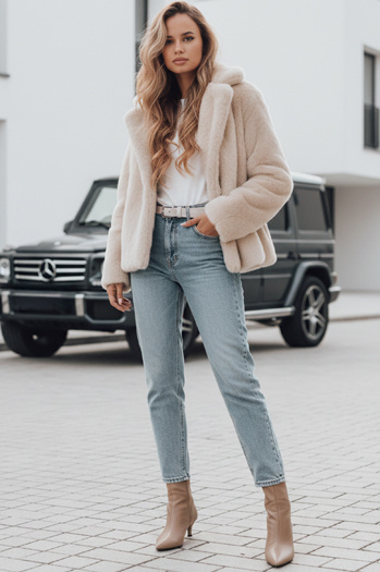 Ženski krznen plašč GLAMFLUFFY short beige Dstreet TY4984