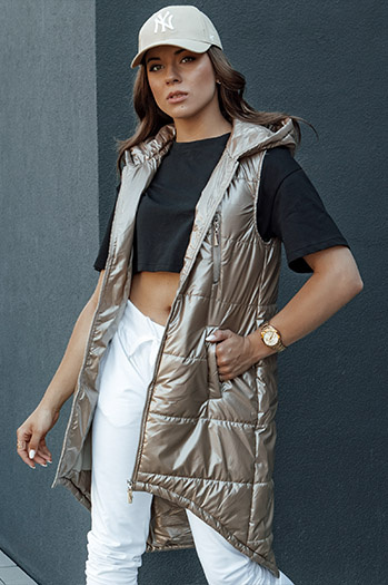 Ženska prešita jopica s kapuco, dolga MERIS camel Dstreet TY4451