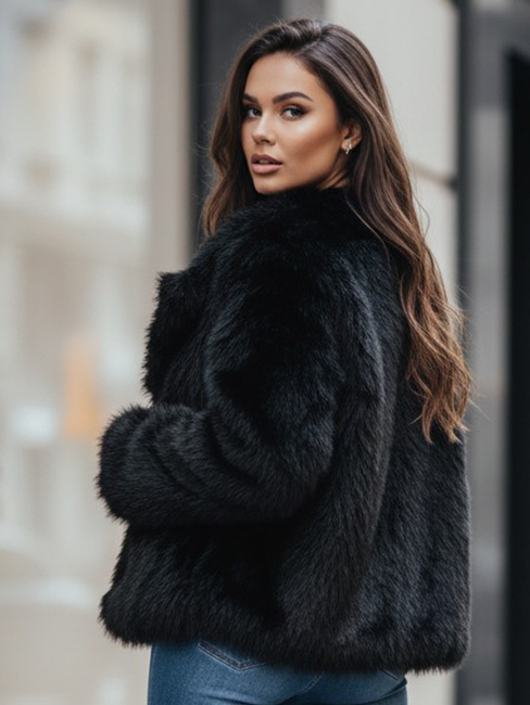 Ženski kratek črn krznen plašč ZARAFIA Dstreet TY5117z