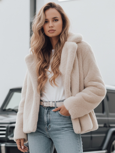 Ženski krznen plašč GLAMFLUFFY short beige Dstreet TY4984