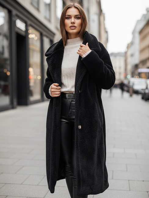 Ženski zimski plašč teddy krzno dolg črn Dstreet NY0760z