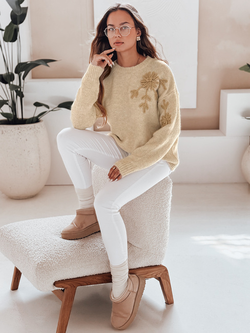 Ženski pulover s cvetlično aplikacijo GIRLHERBAL krem Dstreet MY2546