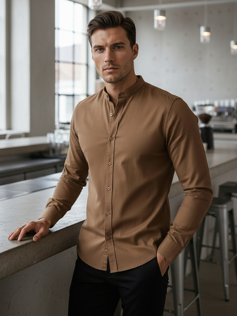 Moška srajca s pokončnim ovratnikom rjave barve Dstreet DX2592