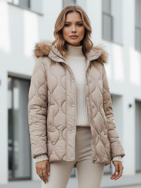 Ženska zimska jakna LUMORE prešita s kapuco beige Dstreet TY5011