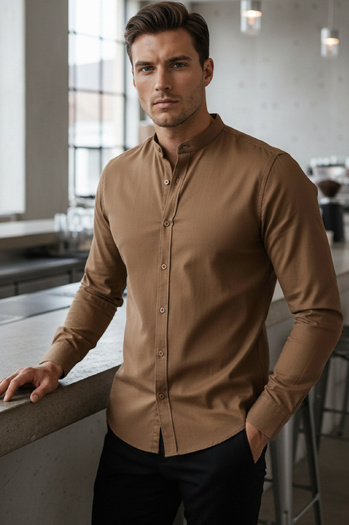 Moška srajca s pokončnim ovratnikom rjave barve Dstreet DX2592